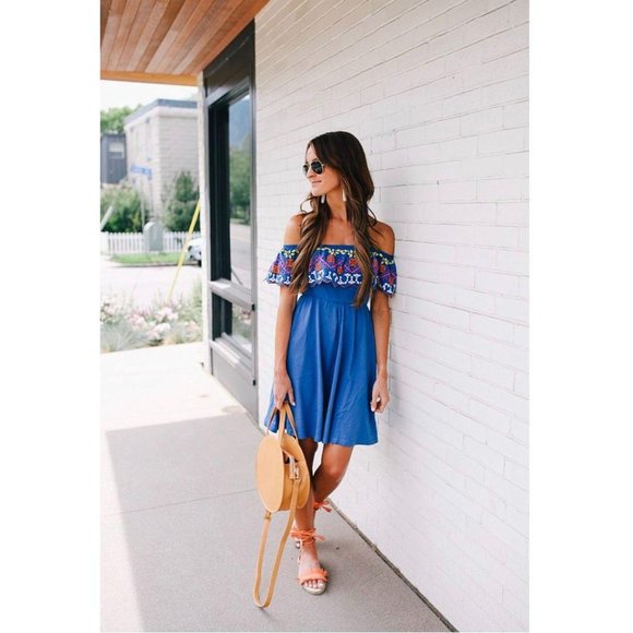 ASOS Embroidered Off Shoulder Mini Dress Blue 6 - Picture 2 of 9